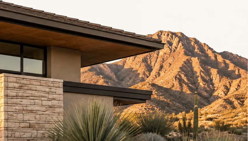 A deep desert-modern roof eave over stone and stucco, with a sunlit mountain ridge behind