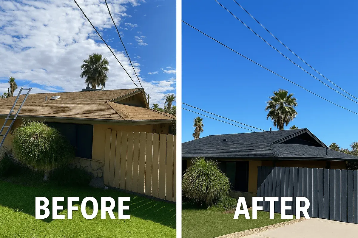 Before and after of a single-storey home: worn brown shingles on the left, new charcoal shingles on the right
