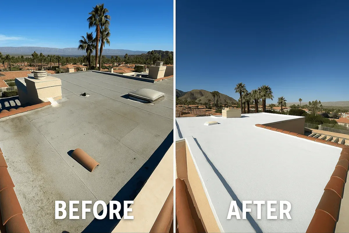 Before and after of a low-slope tile-edged roof: a weathered grey deck on the left, a fresh white SPF surface on the right