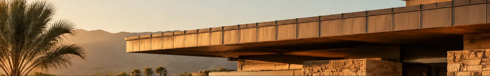 A long desert-modern roof overhang catching low golden light, mountains behind