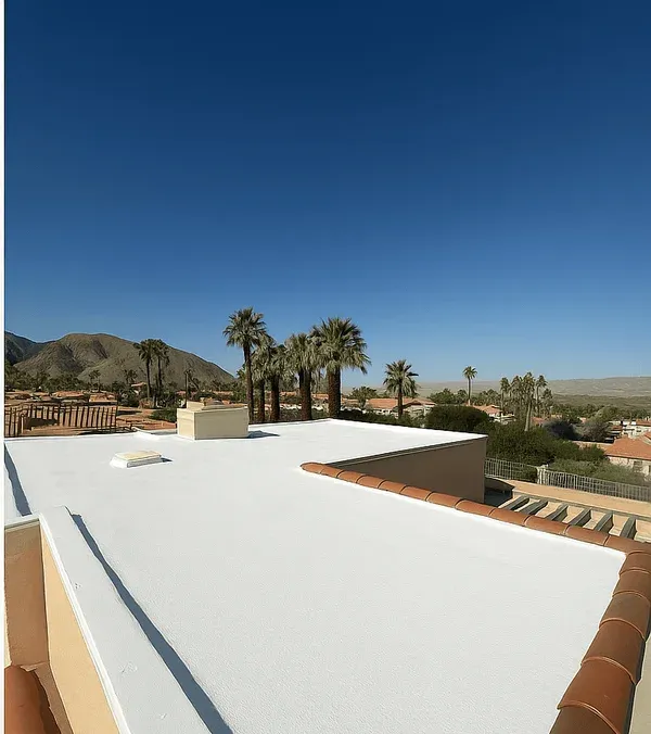 The same low-slope roof after renewal: a bright white SPF coated surface, terracotta parapet tiles and the desert mountains behind