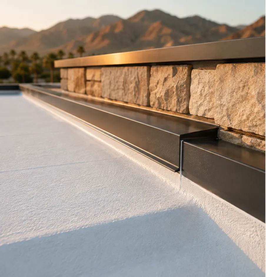 Warm-white SPF coating meeting a dark metal edge flashing against a stone parapet