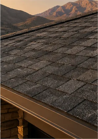 Close view of dark charcoal architectural shingles and a metal drip edge