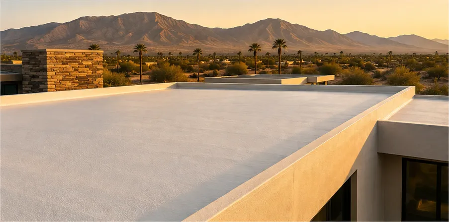 A warm-white SPF roof deck on a desert residence, mountains and palms beyond