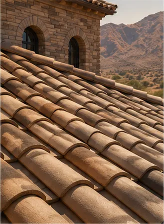 Close view of barrel tile courses running up a desert roof