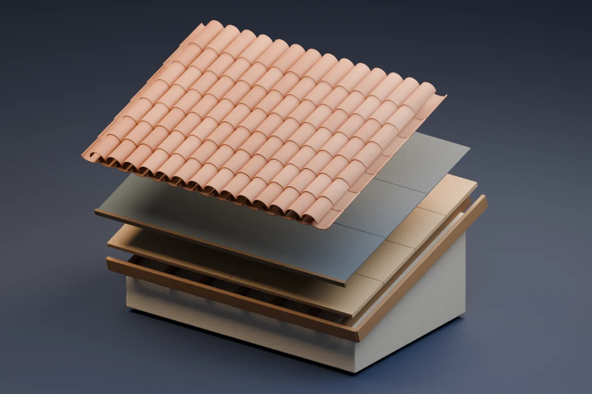 Illustrated terracotta roof with its tile covering lifted above the dark underlayment and timber decking, over a warm stucco base